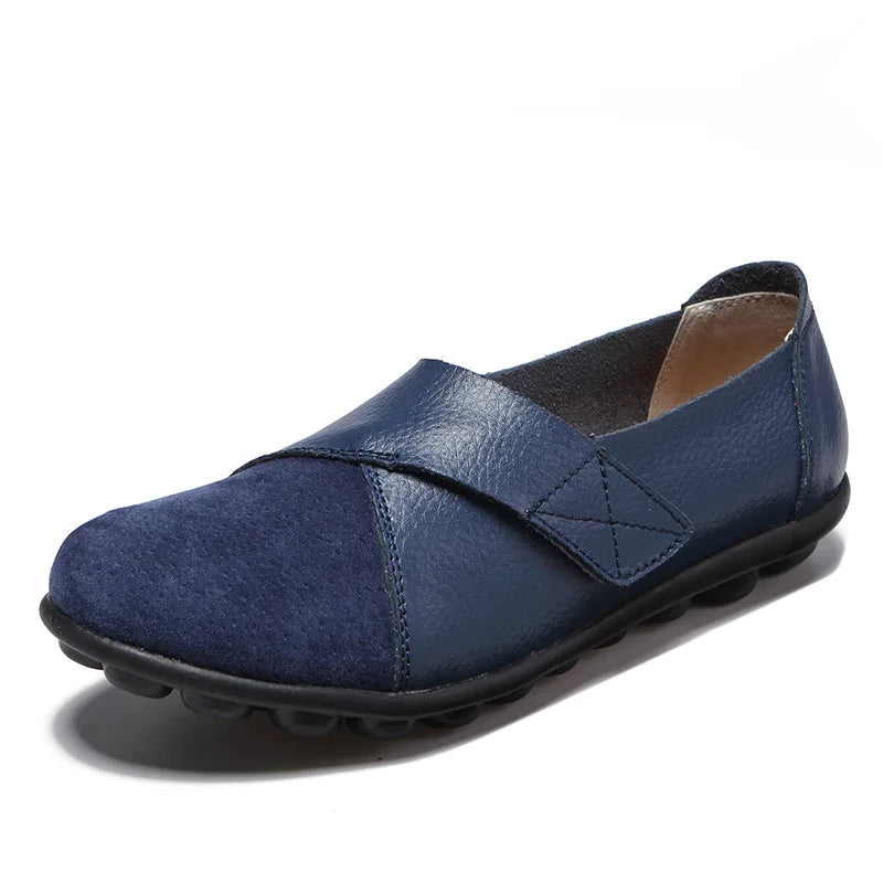 Woizgic Women's Genuine Leather Soft Flats Loafers Moccasin Boat Shoes with Hook and Loop Closure Big Size 42 43 44