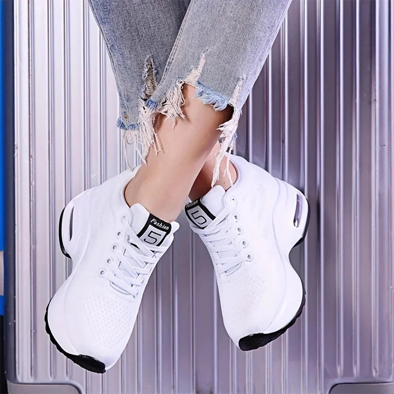 Women Air Cushion Running Sneakers Comfortable Mesh Lace Up Walking Shoes Breathable White