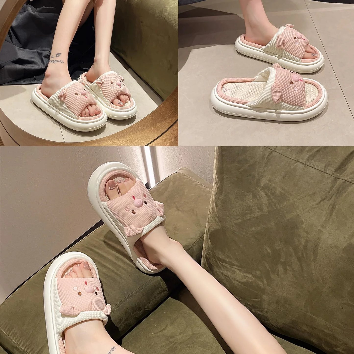 Fujian Rabbit Pig Frog Open Toe Linen Slippers Breathable
