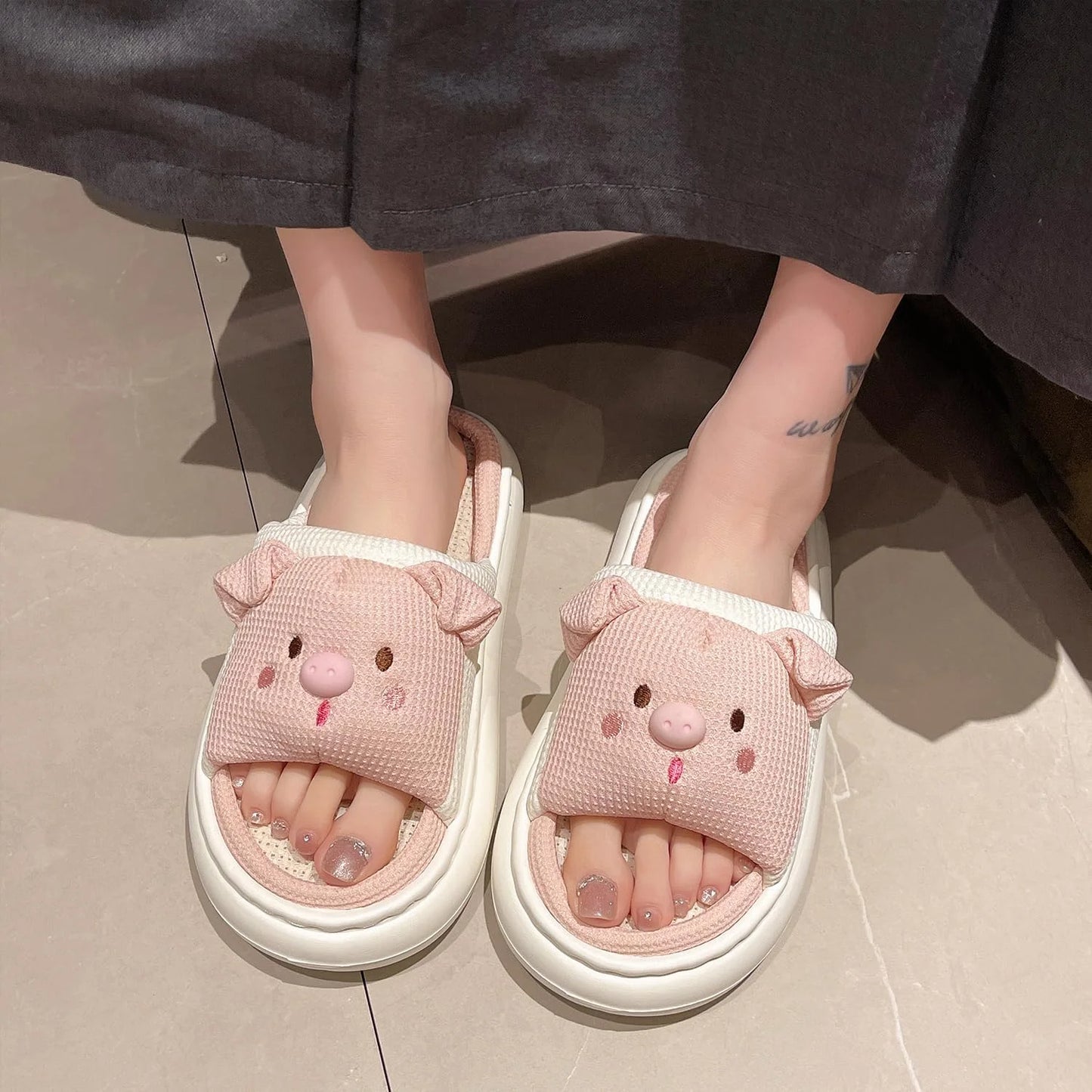 Fujian Rabbit Pig Frog Open Toe Linen Slippers Breathable