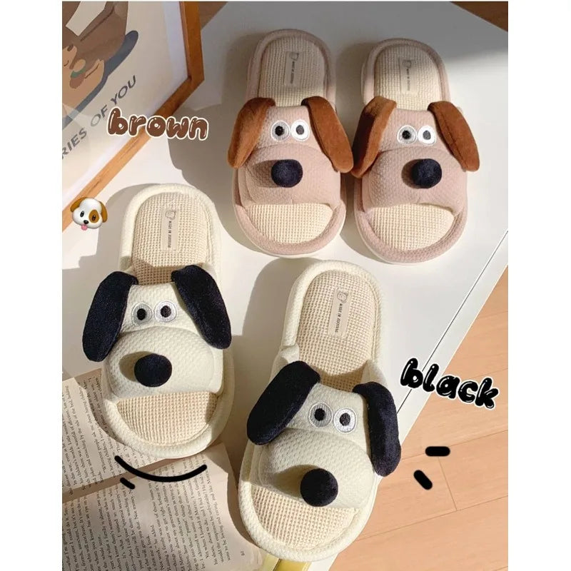 Womens Slippers Animal Shape Cute Dog Anti Slip Linen Shoes
