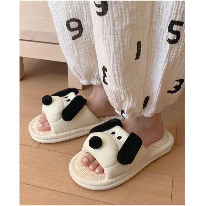 Womens Slippers Animal Shape Cute Dog Anti Slip Linen Shoes