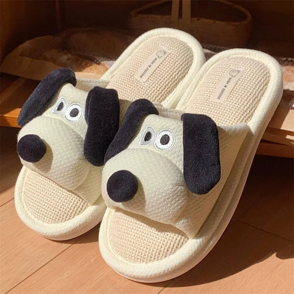 Womens Slippers Animal Shape Cute Dog Anti Slip Linen Shoes