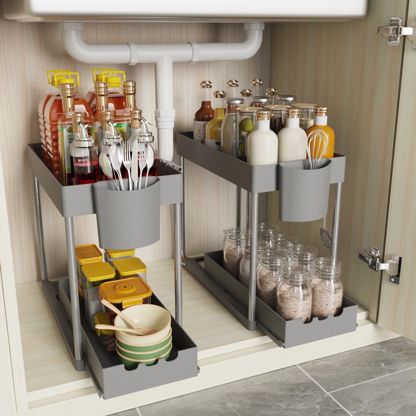 2 Pcs 2-Tier Sliding Cabinet Organizer