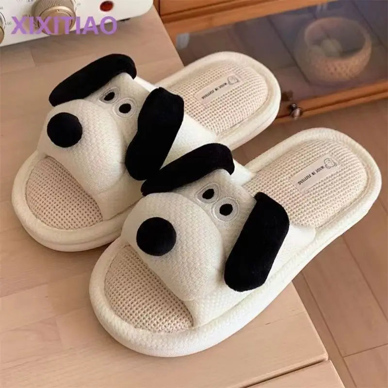 Womens Slippers Animal Shape Cute Dog Anti Slip Linen Shoes