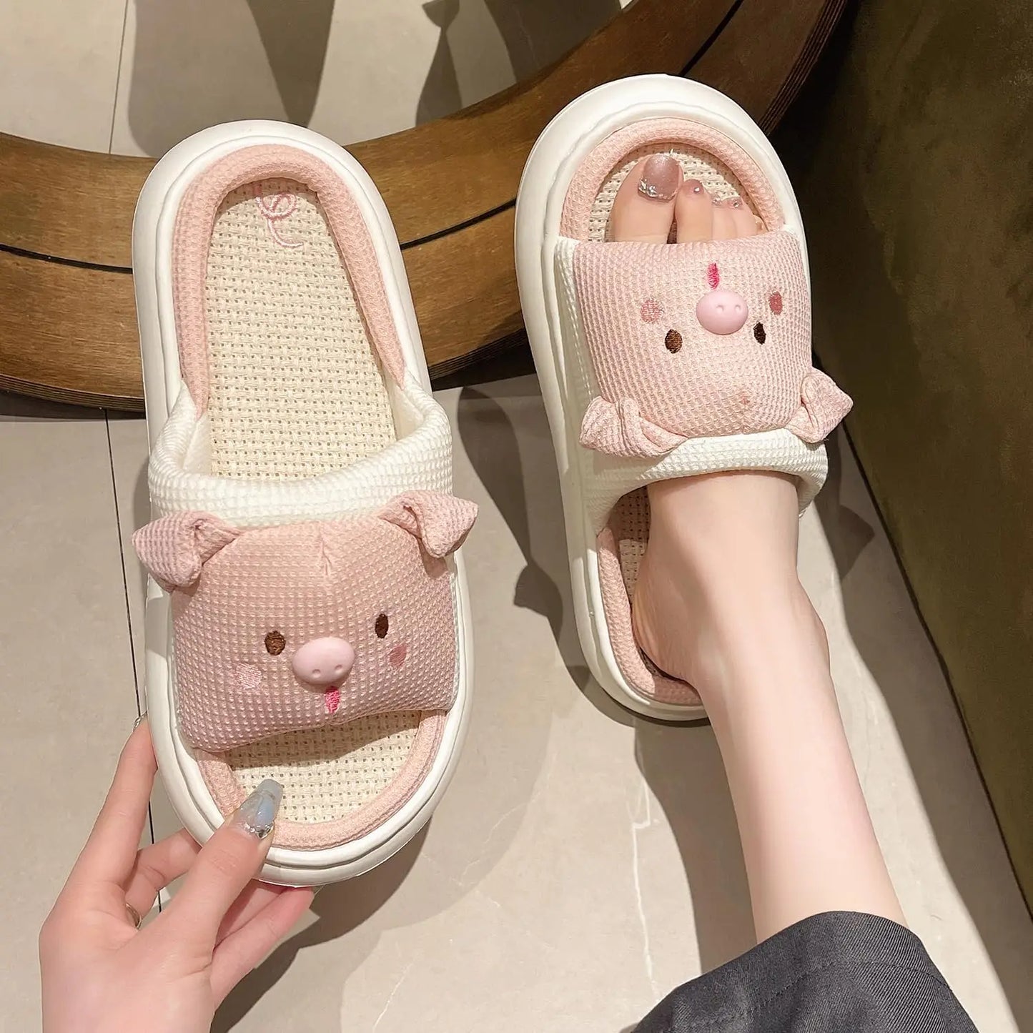 Fujian Rabbit Pig Frog Open Toe Linen Slippers Breathable