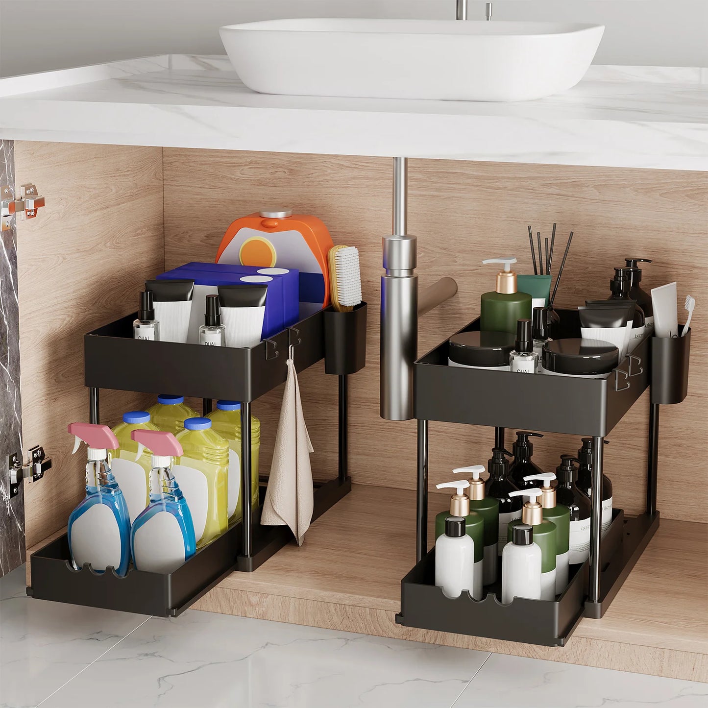 2 Pcs 2-Tier Sliding Cabinet Organizer