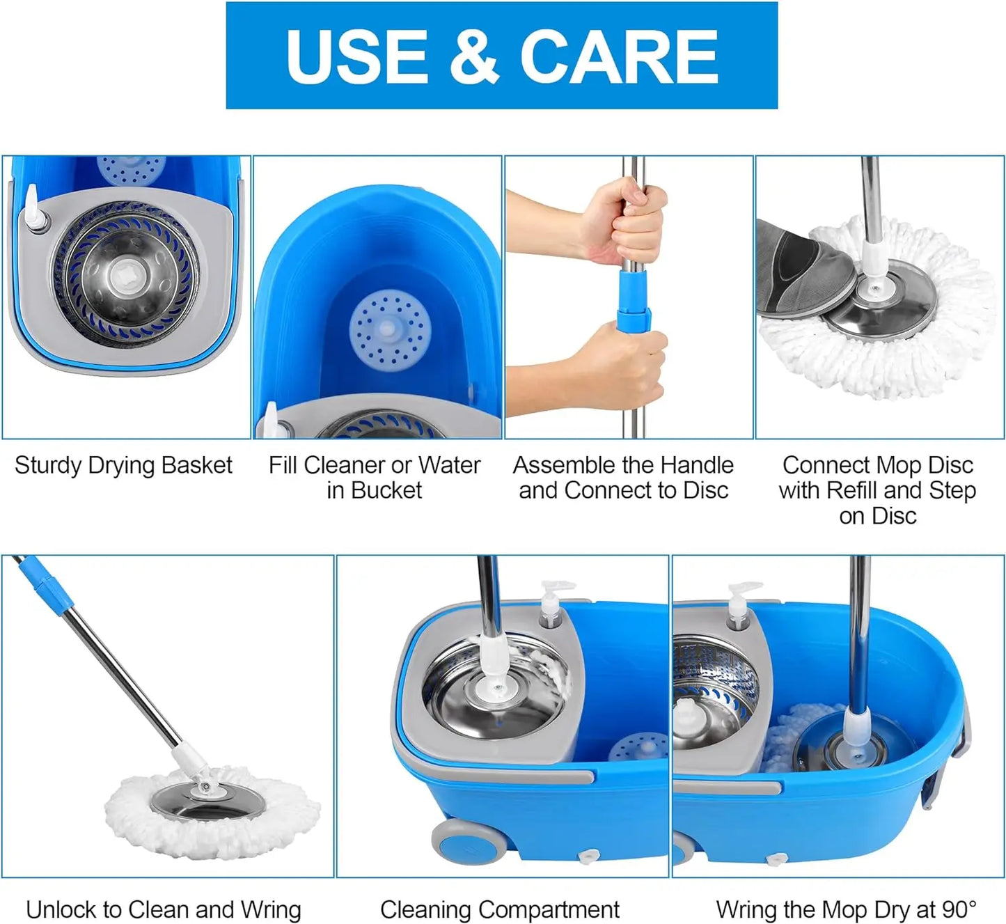 Blue Spin Mop Bucket Sets 61" Extended Handle