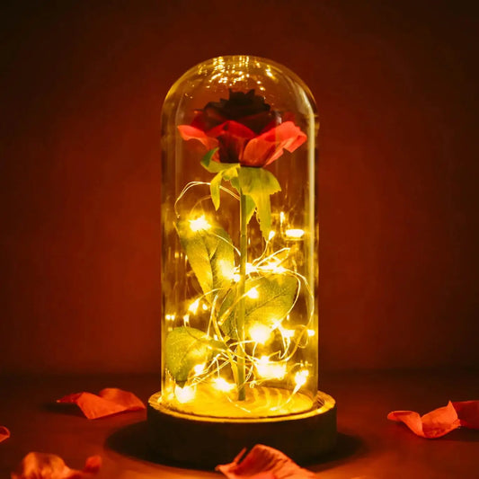 LED Enchanted Silk Rose Eternal Beauty Rose With Fairy Lights Glass Dome Gifts For Valentine's Day Wedding Party Mother's Day