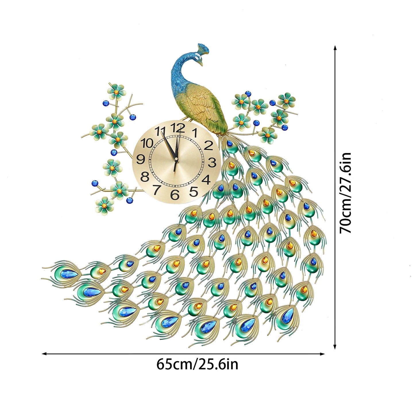 Luxury Peacock Wall Clock Metal 3D Art 8.26 Inch Decor