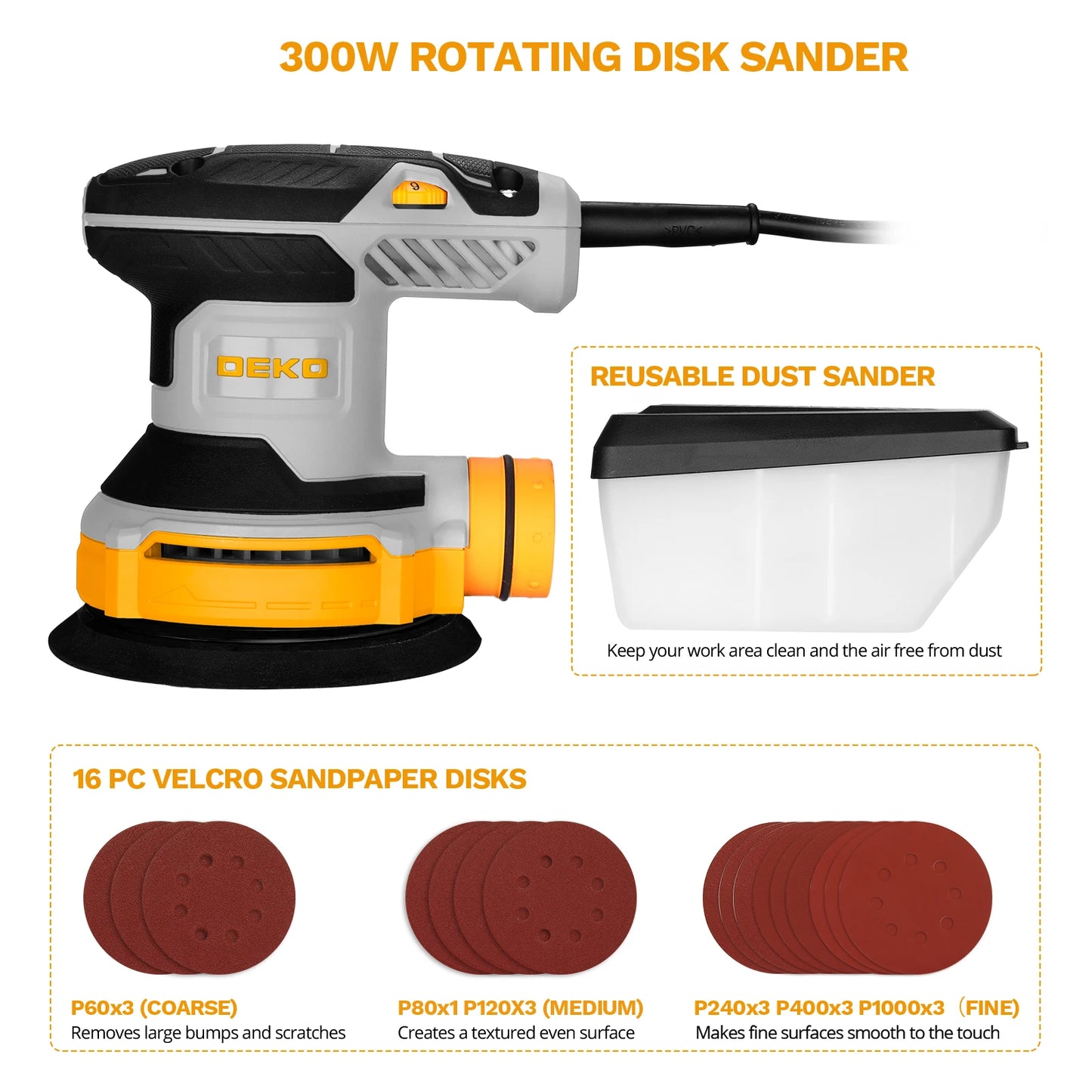 Deko 300W Random Orbit Sander 16 Piece Sandpaper Kit