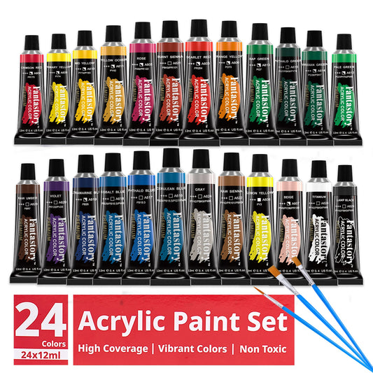 12ML 24 Colors Acrylic Paint Set with 3 Brushes for Adults