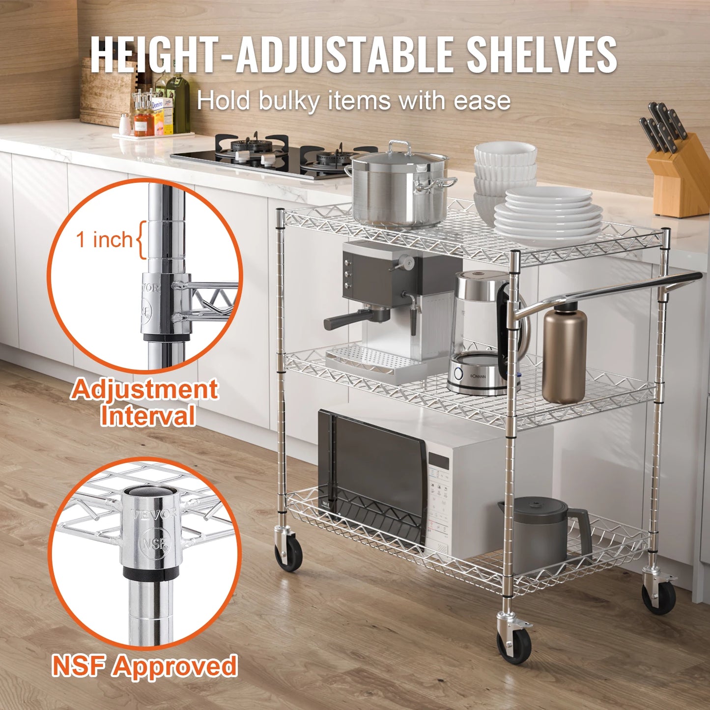 SucceBuy 3-Tier Rolling Utility Cart Metal Storage Shelving Unit