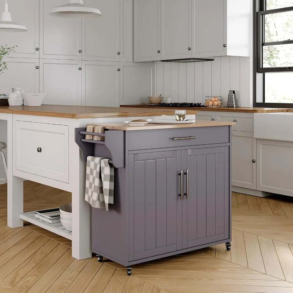 41 Inch Wooden Kitchen Storage Island Cart with Spice Rack
