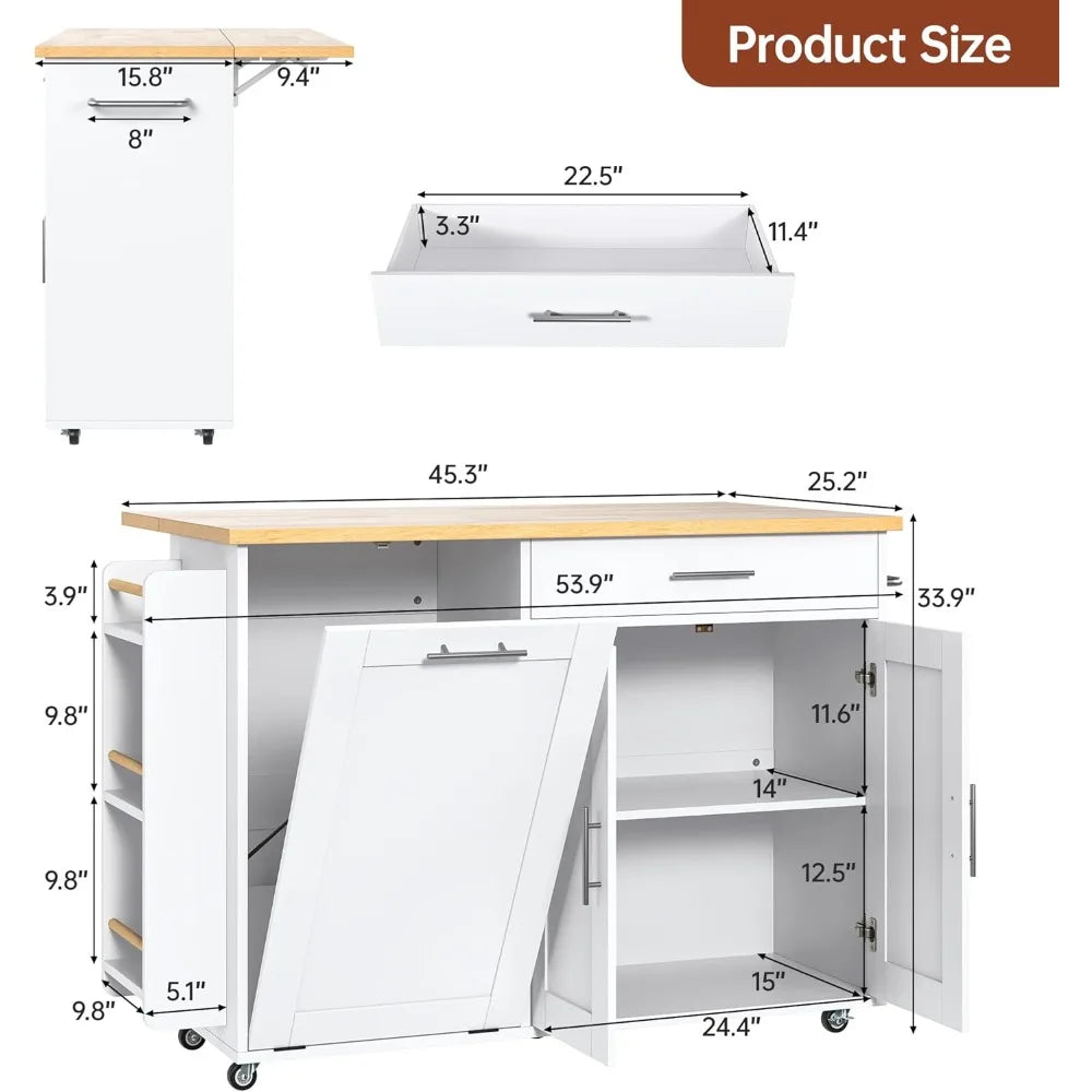 MKDK Rolling Kitchen Island with Hidden Trash Can Storage