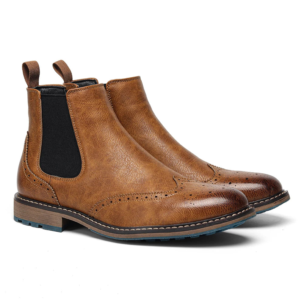 Brogue Men Chelsea Boots 2025 American Style Comfortable Leather Ankle Boots