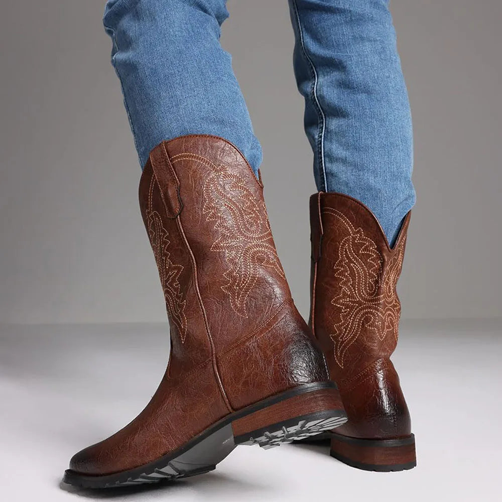DoraTasia Plus Size 12.5 Retro Square Toe Neutral Cowboy Boots Luxury Embroidered Western Pull-On Boots
