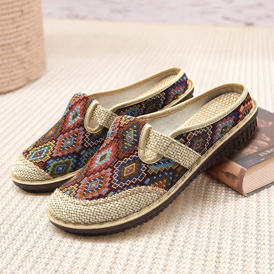 Fashion Women's Ethnic Style Embroidered Linen Casual Slippers Breathable Outdoor Shoes for Women