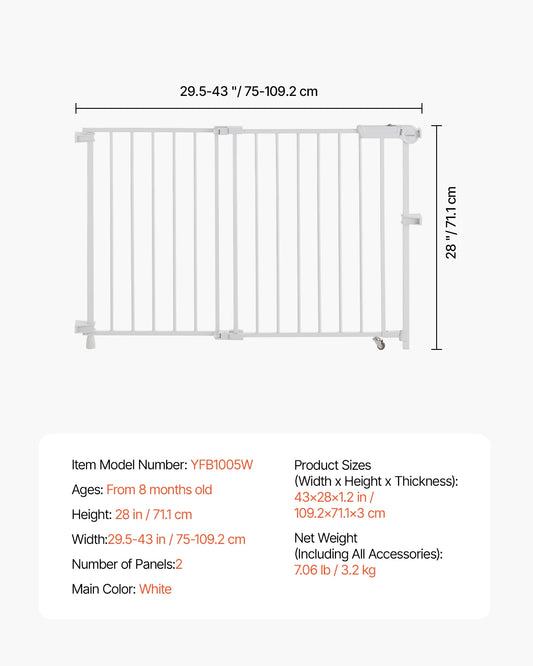 Vevor Adjustable Baby Gate 29.5 to 43 Inches Wide 28 Inches High Dog Gate No Threshold Bar Easy Step Walk For Child And Pet Security