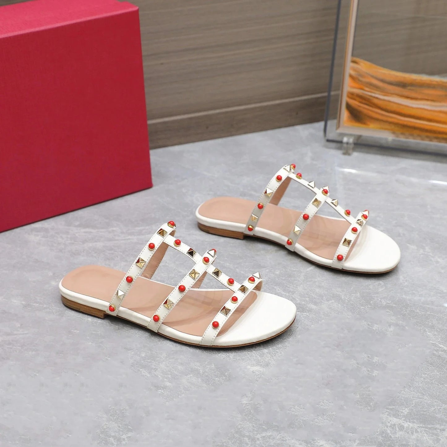 Genuine Leather Women Slippers Medium Heels Butterfly Knot Summer Slides Designer Shoes Size 35-41