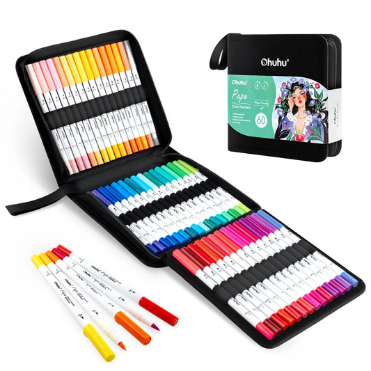 Ohuhu Markers Paper Friendly Water Based Coloring Markers Dual Brush Fineliner Tips 60 Colors Art Markers for Beginners