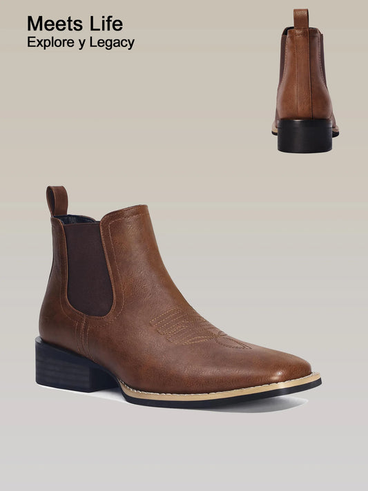Western Cowboy Boots for Men Mens Square Toe Chelsea Boots Ankle Cowboy Boots for Men Casual Retro Stylish Brown