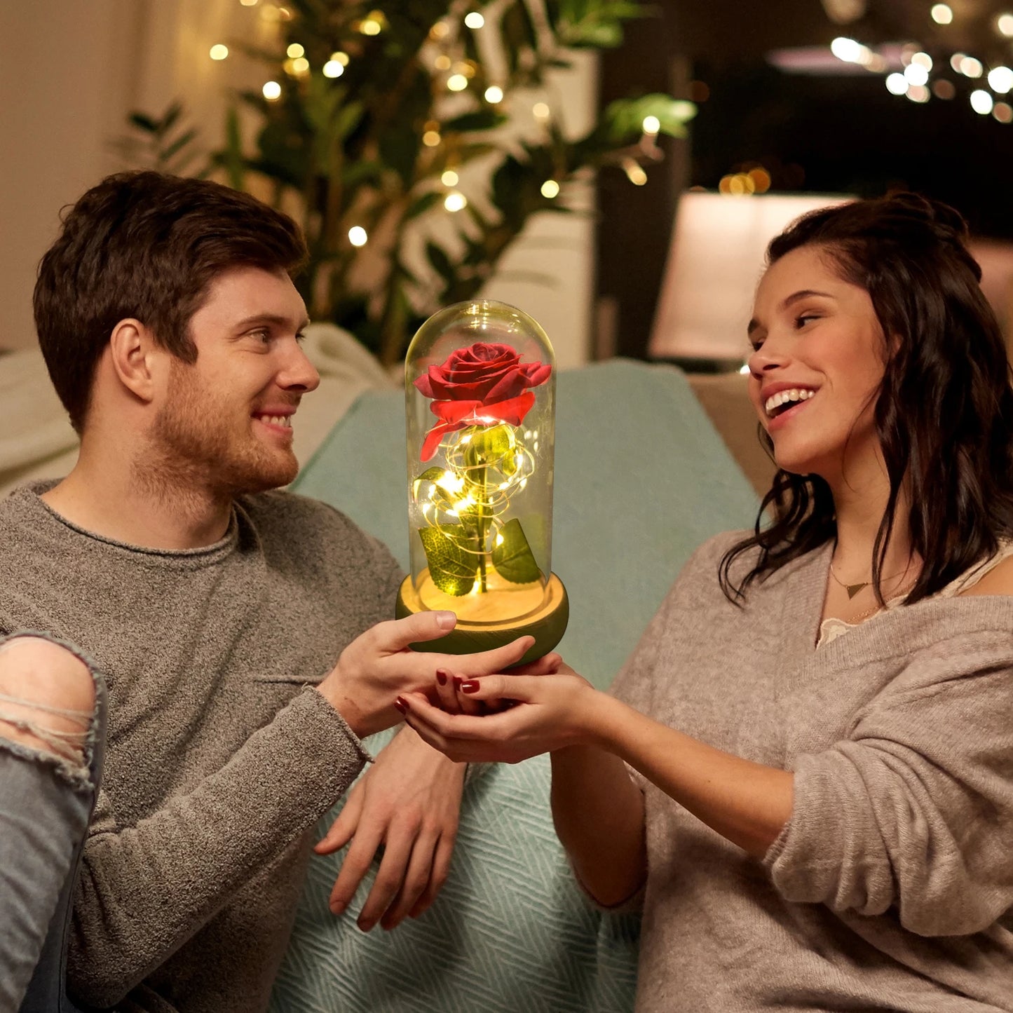 LED Enchanted Silk Rose Eternal Beauty Rose With Fairy Lights Glass Dome Gifts For Valentine's Day Wedding Party Mother's Day