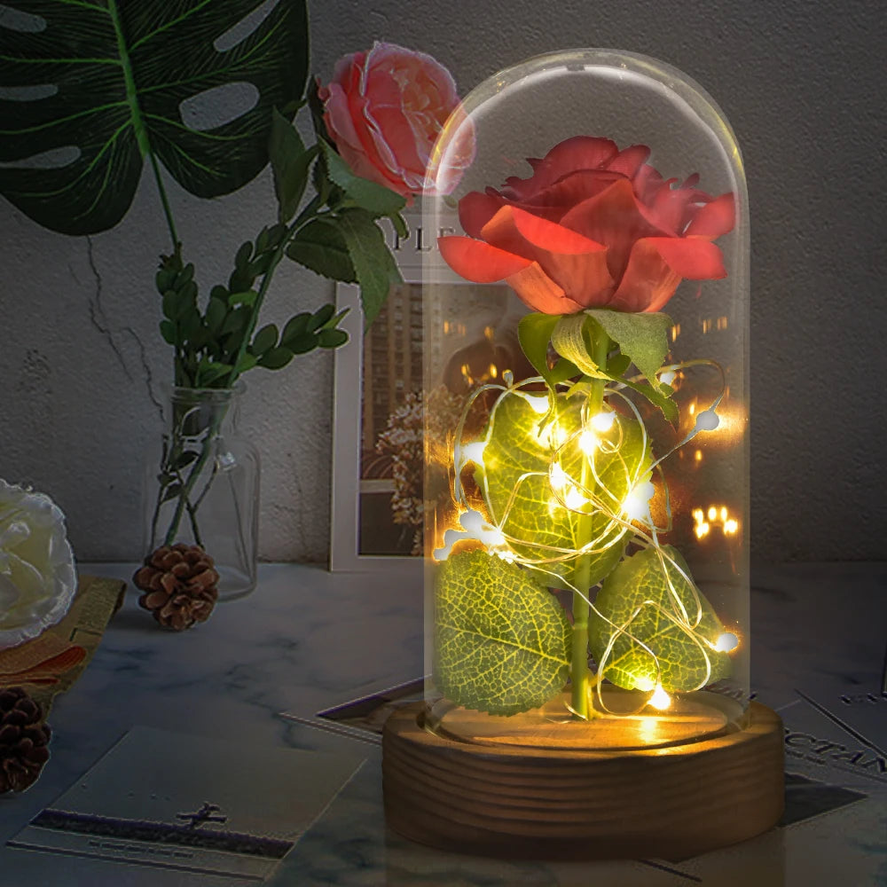 LED Enchanted Silk Rose Eternal Beauty Rose With Fairy Lights Glass Dome Gifts For Valentine's Day Wedding Party Mother's Day