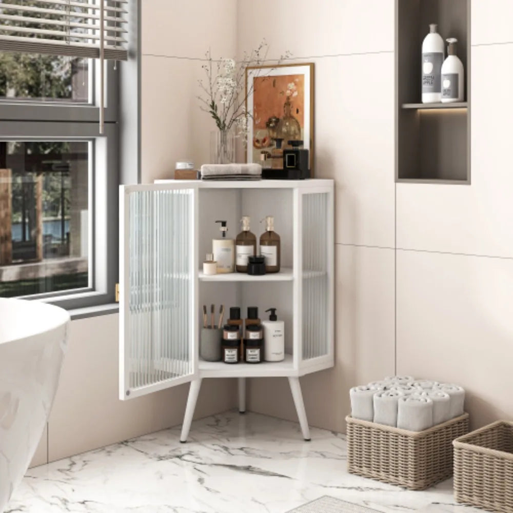 22.25 Inch Floor Corner Cabinet with Tempered Glass Door and Storage Shelves for Bathroom Living Room Bedroom White