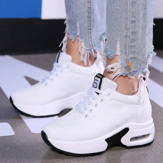 Women Air Cushion Running Sneakers Comfortable Mesh Lace Up Walking Shoes Breathable White