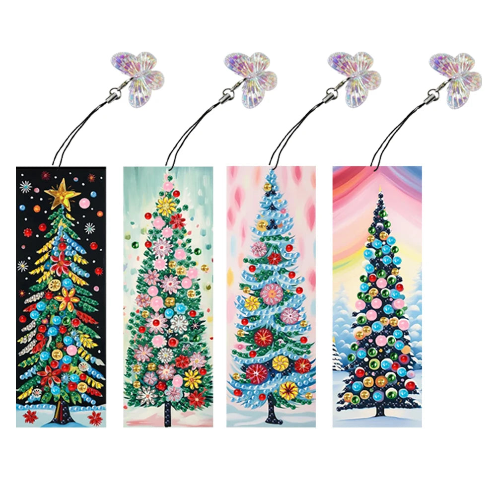 4Pcs Special Shape Santa Claus Elk Diamond Painting Bookmark 5D DIY Diamond Art Kit with Pendant