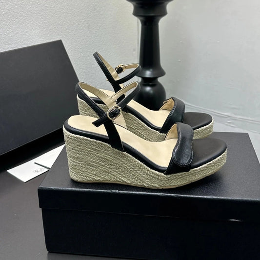 Women Genuine Leather High Heel Wedge Sandals Flat Platform Espadrilles Designer Shoes