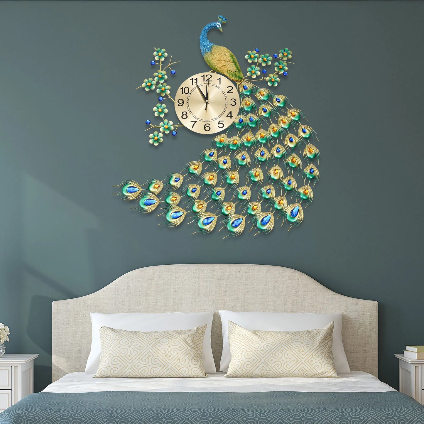Luxury Peacock Wall Clock Metal 3D Art 8.26 Inch Decor