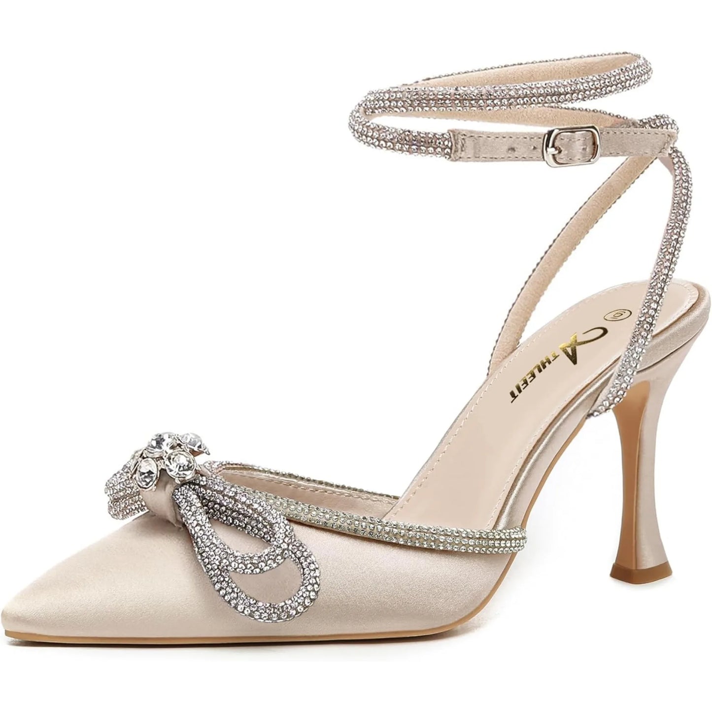 Women's Rhinestone Bow Heels Ankle Strap Pointed Toe Stiletto Heeled Sandals Wedding Bridal Dress Pumps