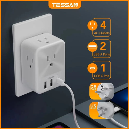 US Plug Power Strip with 4AC Outlet and 3USB Charging Port