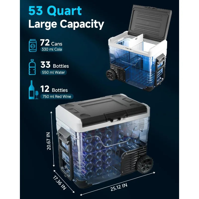 Car Fridge Portable 12 Volt Refrigerator 53 Quart Electric Cooler with 12 24V DC and 110 240V AC Cooler with Wheels -4 to 68 Fahrenheit
