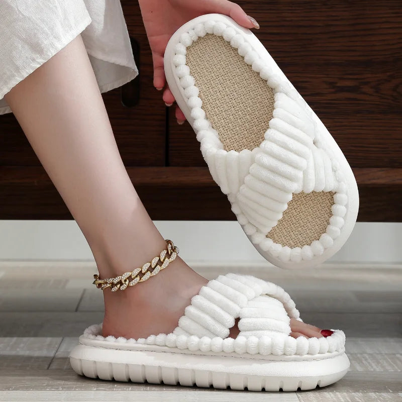 2025 Autumn Winter New Women Home Slippers Open Toe Cross Band Linen Soled Indoor Slides Non Slip Bathroom Slippers