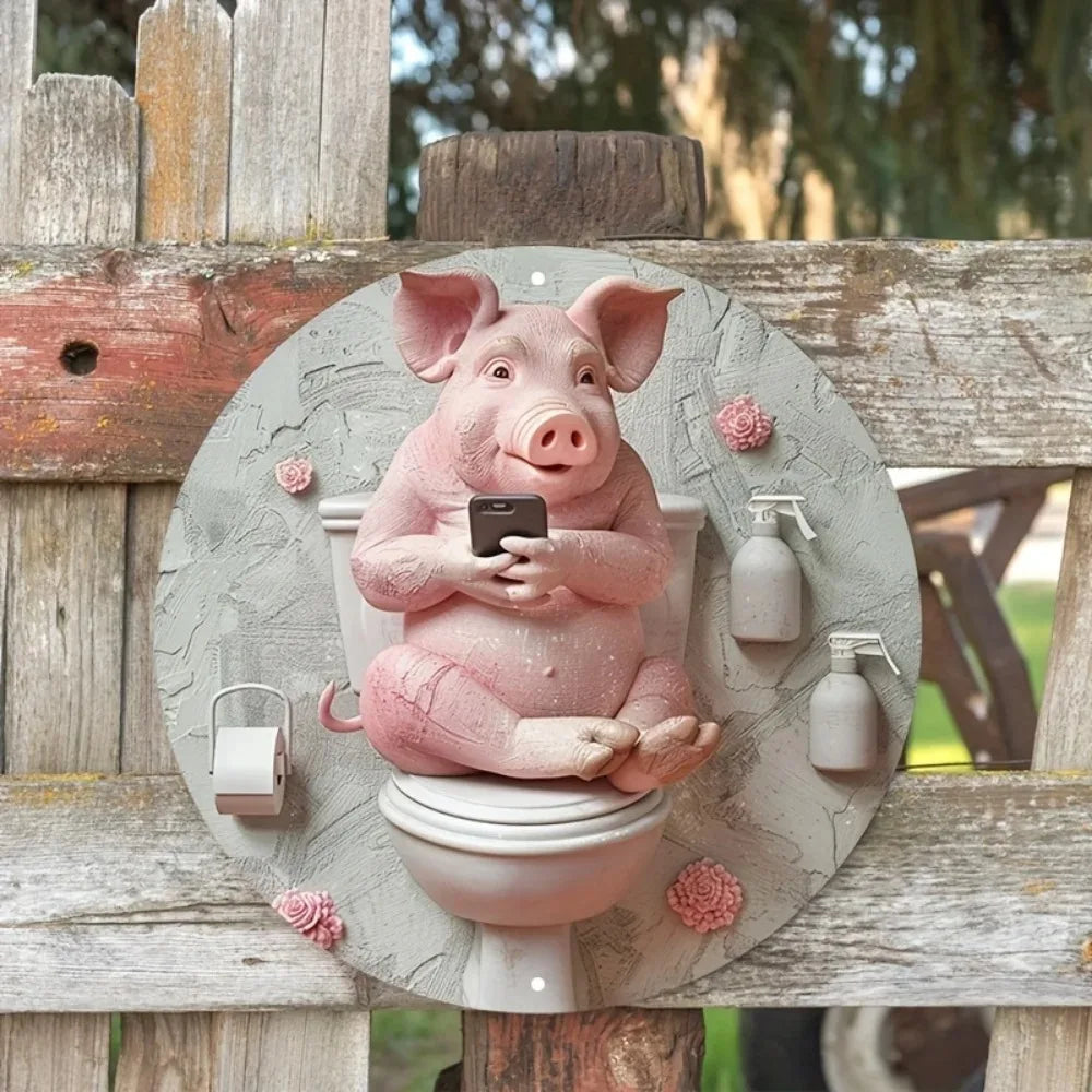 Swine and Vine Oinkment Distressed Aluminum Pig Art Round Garland Design with Tulip Embossed Snout Whimsical Bathroom Decor