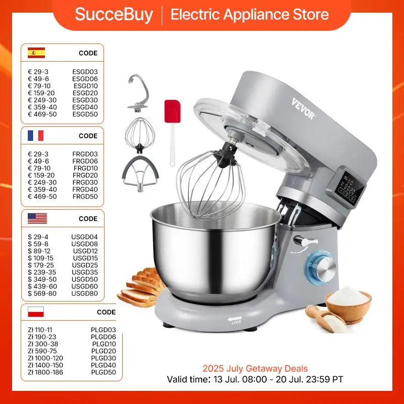 SucceBuy 5.5 7L Electric Stand Mixer with 6 Speeds LCD Screen Timing Food Mixer Cream Egg Whisk Dough Kneader with Steel Bowl