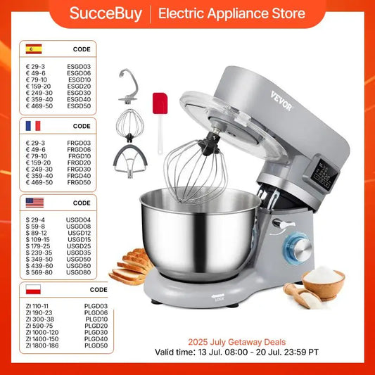 SucceBuy 5.5 7L Electric Stand Mixer with 6 Speeds LCD Screen Timing Food Mixer Cream Egg Whisk Dough Kneader with Steel Bowl