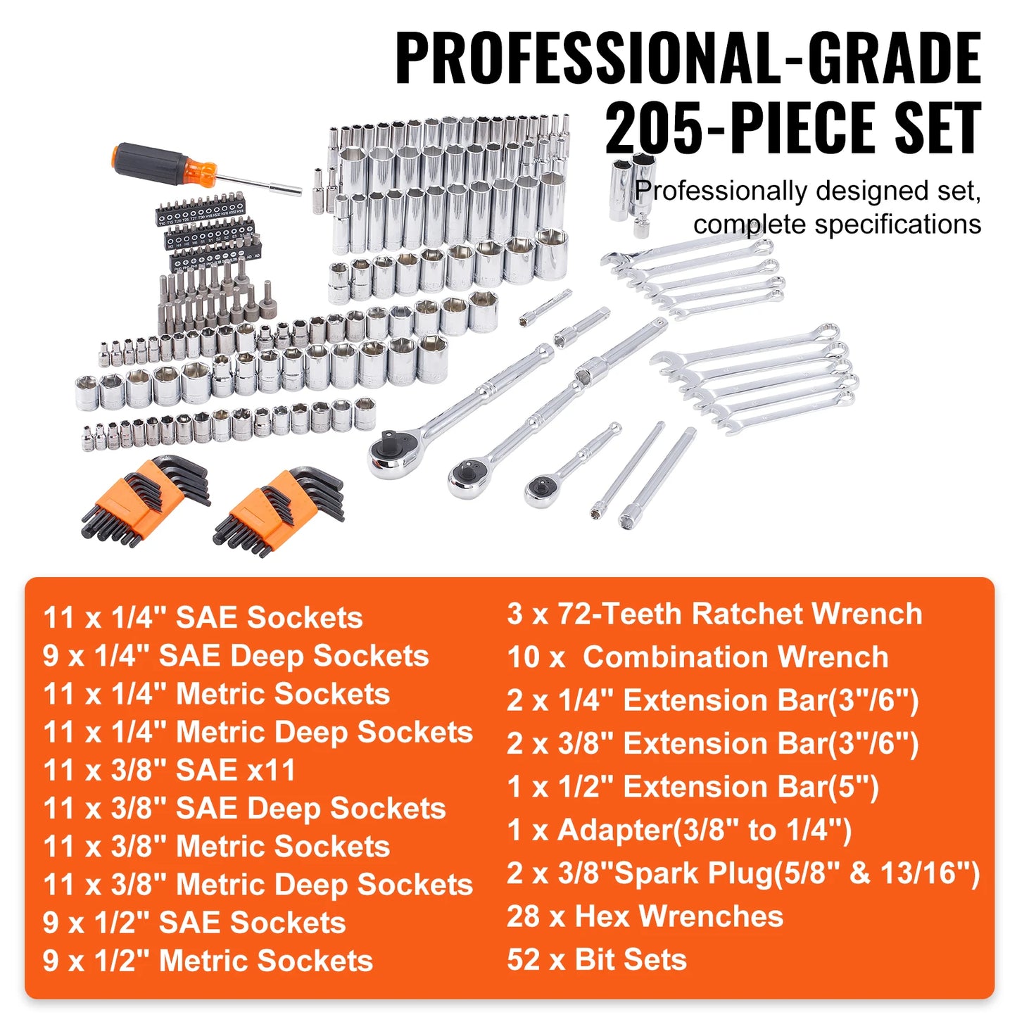 VEVOR Mechanics Tool Set and Socket Set 145/205 Pcs Kit