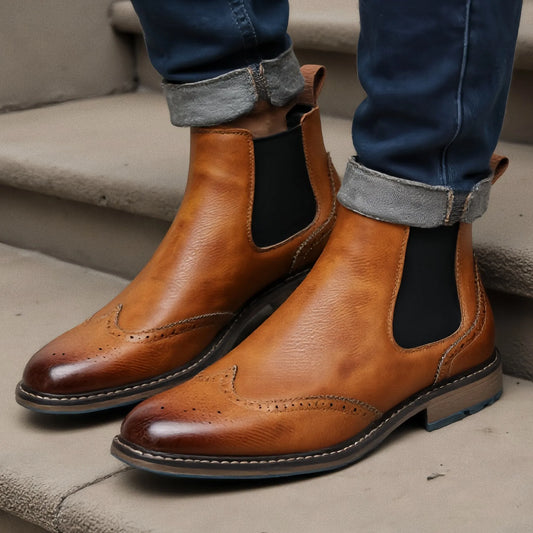 Brogue Chelsea Men Boots 2025 American Style Comfortable Leather