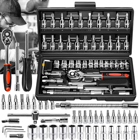 46 Piece Drive Socket Set Ratchet Wrench Set Car Tool Kit Metric Mechanic Tool Set