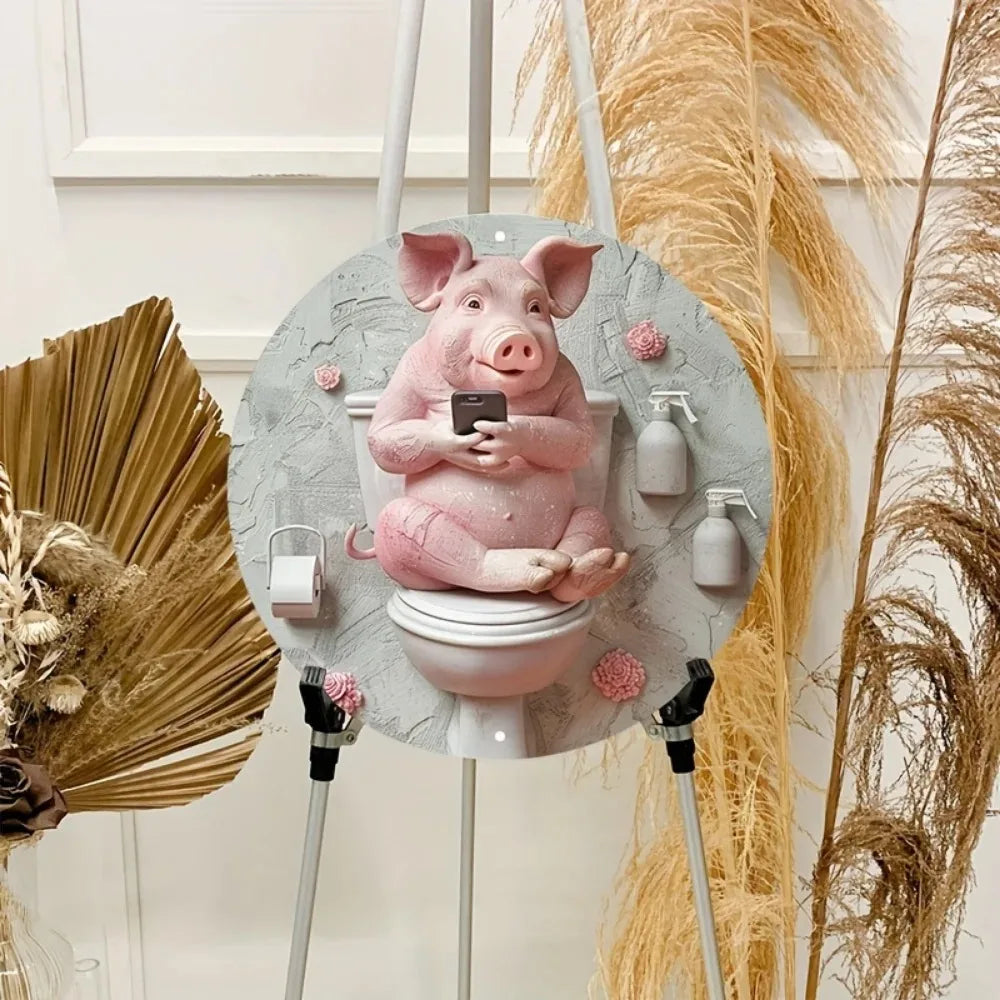 Swine and Vine Oinkment Distressed Aluminum Pig Art Round Garland Design with Tulip Embossed Snout Whimsical Bathroom Decor