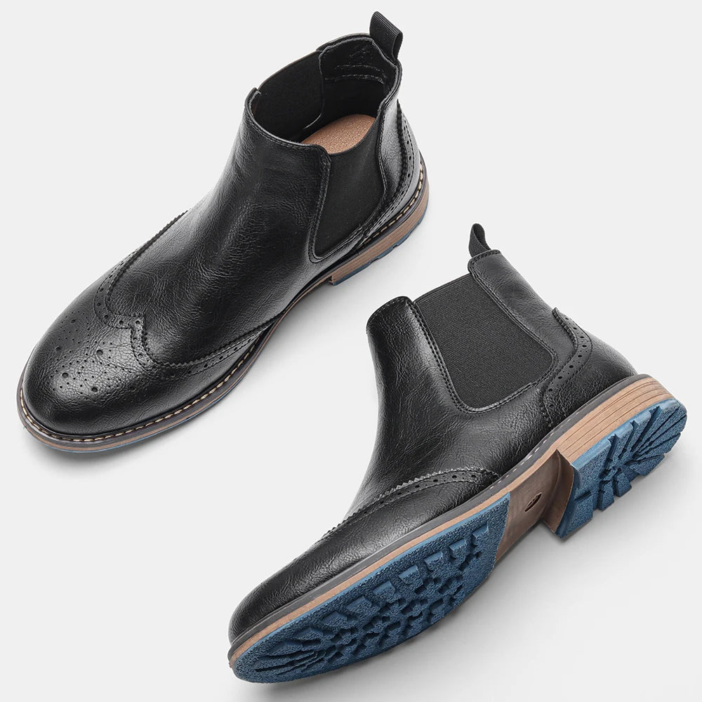 Brogue Men Chelsea Boots 2025 American Style Comfortable Leather Ankle Boots