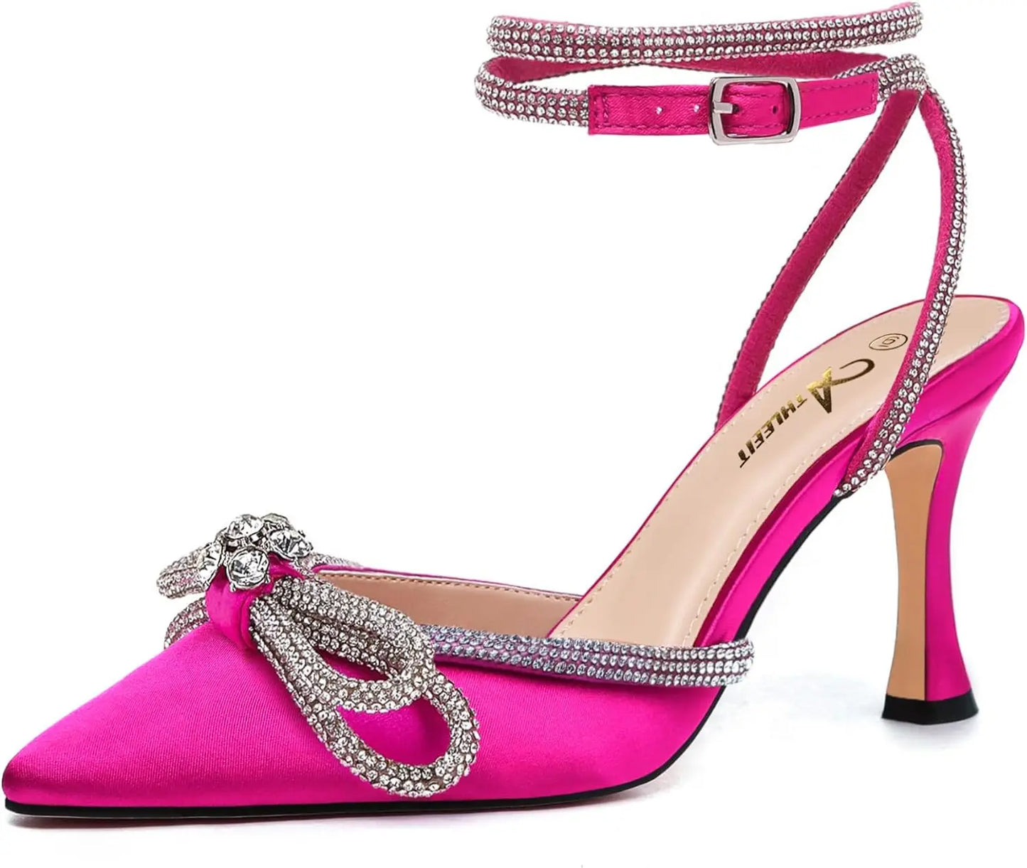 Women's Rhinestone Bow Heels Ankle Strap Pointed Toe Stiletto Heeled Sandals Wedding Bridal Dress Pumps