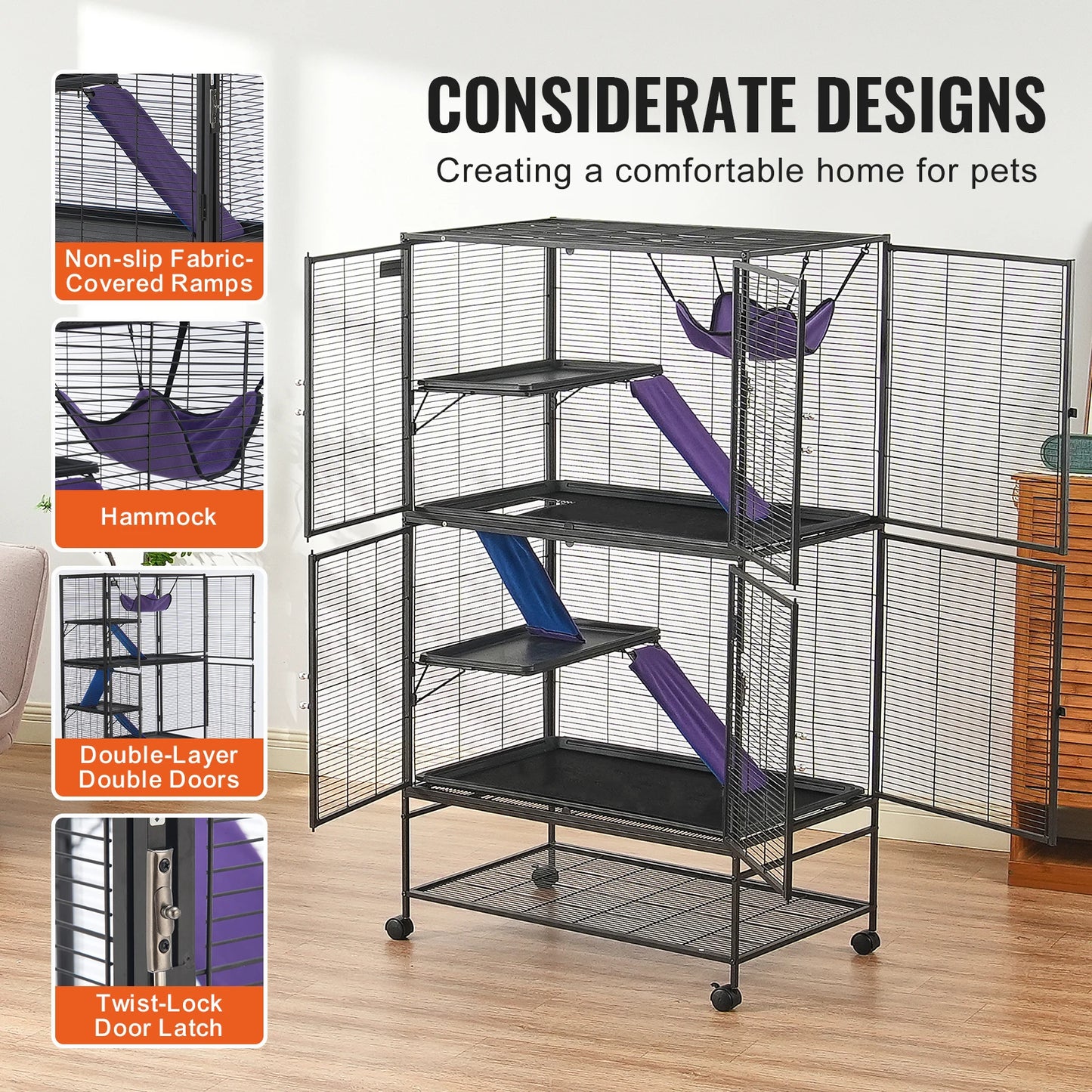 VEVOR 4-Tier Rolling Metal Ferret Cage for Small Animals