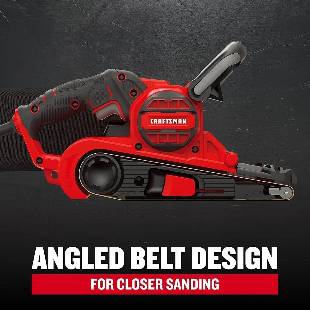 Electric 7 Amp Belt Sander 3 Inch x 21 Inch Corded Tool with Dust Bag Angled Design Fast Material Removal Easy Belt Change