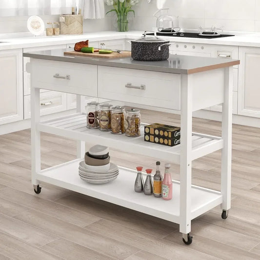 ANGDUO Kitchen Island Cart with Stainless Steel Top and Drawers
