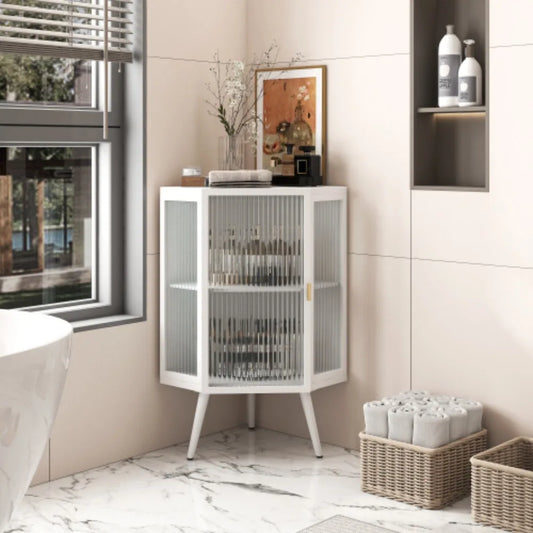 22.25 Inch Floor Corner Cabinet with Tempered Glass Door and Storage Shelves for Bathroom Living Room Bedroom White